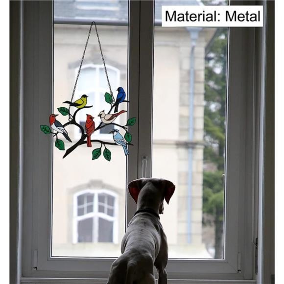 Six Birds Cardinal Gift Stained Metal Window Hangings, Multicolor Bird On A Wire - Picture 3 of 6